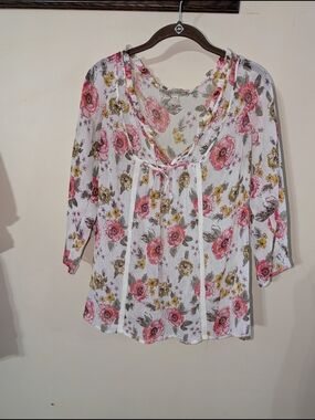 Decree White Floral Tie-Neck Blouse with Pink & Yellow Flowers